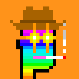 The image features a cartoon character wearing a cowboy hat, sunglasses, and smoking a cigarette. The character appears to be a pixel art style of a person with rainbow colors, giving it a unique and vibrant appearance. The post highlights that this collection is the first CAT721 generative collection in Japan's NFT history, which means it marks an important milestone for the world of digital art and NFTs. It also mentions that the character has been collected more than an NFT—which could be seen as a positive sign or recognition for its creator.