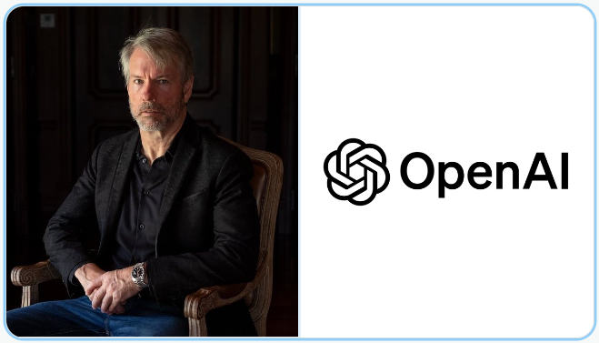 A split image showing a portrait of a man with gray hair and a beard sitting in a chair on the left, and the OpenAI logo on a white background on the right.