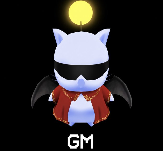 A 3D-rendered cat-like character wearing a red robe, black cape, and blindfold with a glowing halo above its head, displayed with the text 'GM' below against a black background.