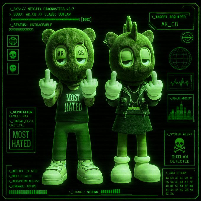 A green-themed cyberpunk/neon diagnostic screen titled "SYS:// NEOCITY DIAGNOSTICS v2.7" showing two plush-style characters labeled "AK_CB" with status indicators like "MOST HATED," "OUTLAW DETECTED," and "Encryption: AES-256."