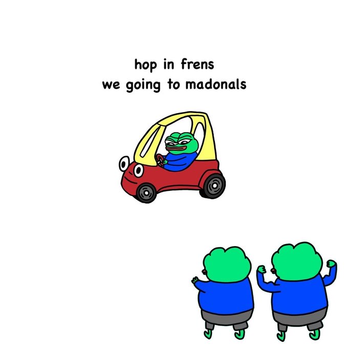 The image is a Pepe meme showing a smug frog driving a red toy car with the text "hop in frens we going to madonals," while two other Pepe frogs excitedly cheer from below. It humorously relates to "GM Everyone" (a common crypto greeting) by depicting a cheerful morning adventure invitation to friends.