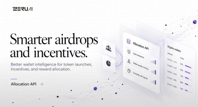 A Beru AI promotional slide reads “Smarter airdrops and incentives.” and describes “Better wallet intelligence for token launches, incentives, and reward allocation,” alongside “Allocation API” interface panels.