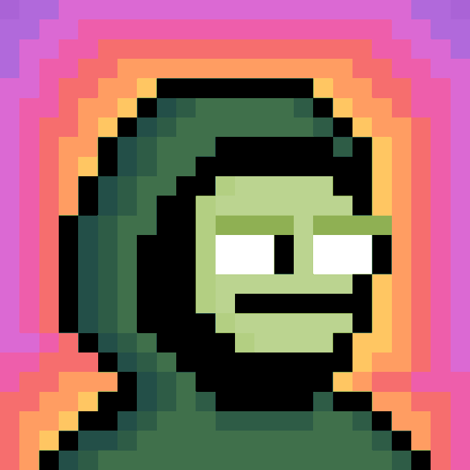 A pixel art portrait of a green-skinned hooded figure with sunglasses against a pink and purple gradient background.