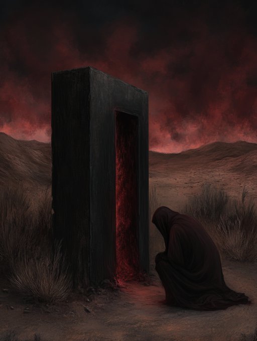 The image features a person kneeling down next to an open doorway, which appears to be made of stone or concrete with red flames emanating from it. The doorway seems to lead into another world, possibly a portal to Hell. The person's position near the doorway suggests that they are either about to enter or have just emerged from this alternate reality. The image is accompanied by a caption that reads "Crimson Gateway @objktcom 1/1 XTZ #AiArt | #TezosTuesday | #NFT".