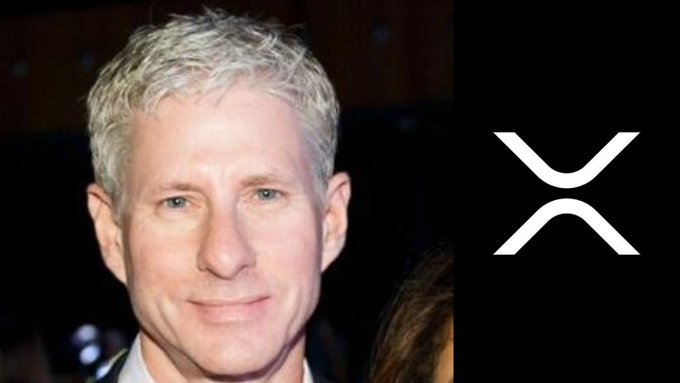 A photo of Chris Larsen, co-founder of Ripple, next to the XRP logo, illustrating his early role in demonstrating Bitcoin transactions through the XRP Ledger's pathfinding system.