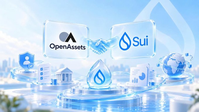 A digital artwork depicting a partnership between OpenAssets and Sui, shown as a handshake between their icons in glass cubes, surrounded by platform symbols including a bank, shield, globe, charts, and documents.