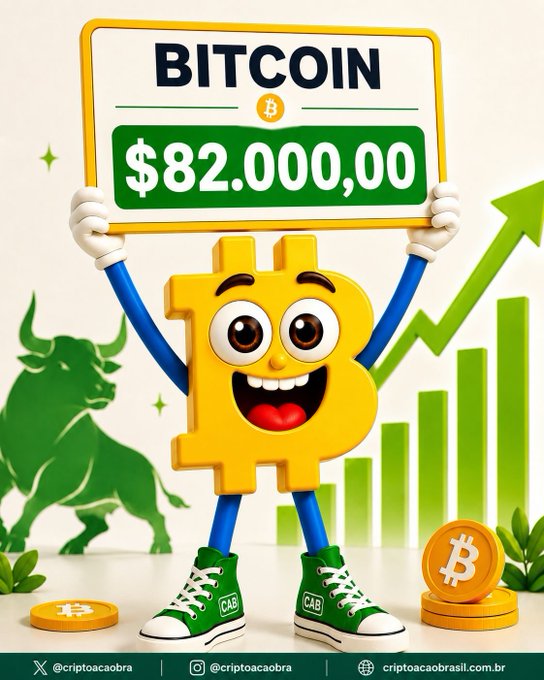 A promotional graphic features an anthropomorphic Bitcoin character wearing green 'CAB' sneakers, holding a sign reading 'BITCOIN $82,000.00'. The image includes a green bull, rising chart bars, and the watermark 'criptoacobra / criptoacobrasil.com.br'.