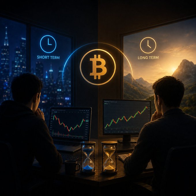 Split-screen illustration comparing 'SHORT TERM' (left, nighttime city) and 'LONG TERM' (right, sunrise mountains) Bitcoin trading strategies with two people analyzing candlestick charts.