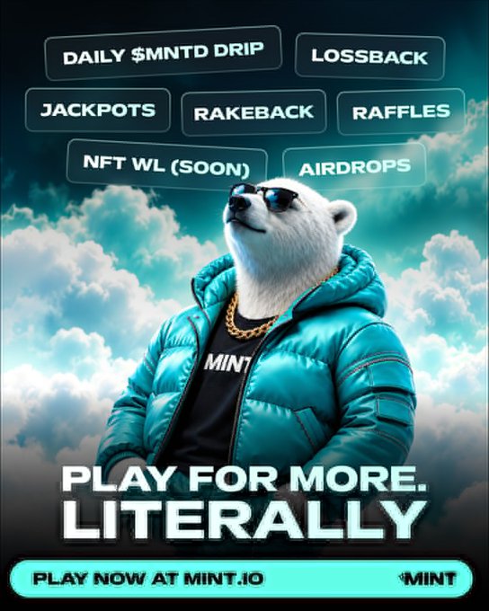 A promotional advertisement featuring a polar bear wearing sunglasses and a teal puffer jacket, with text including 'DAILY $MNTD DRIP', 'LOSSBACK', 'JACKPOTS', 'RAKEBACK', 'RAFFLES', 'NFT WL (SOON)', 'AIRDROPS', 'PLAY FOR MORE. LITERALLY', and 'PLAY NOW AT MINT.IO'.