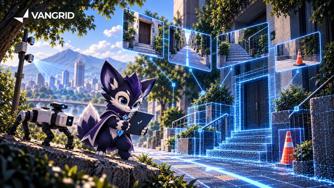 Digital artwork labeled 'VANGRIID' showing a fox-like character with a robot companion analyzing a house through holographic blueprints and security cameras.