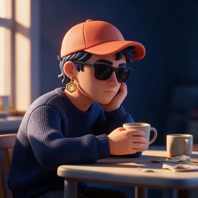 A 3D animated-style illustration of a young man wearing an orange cap, sunglasses, and a navy blue sweater, resting his chin on his hand while holding a coffee mug at a table in a sunlit cafe.