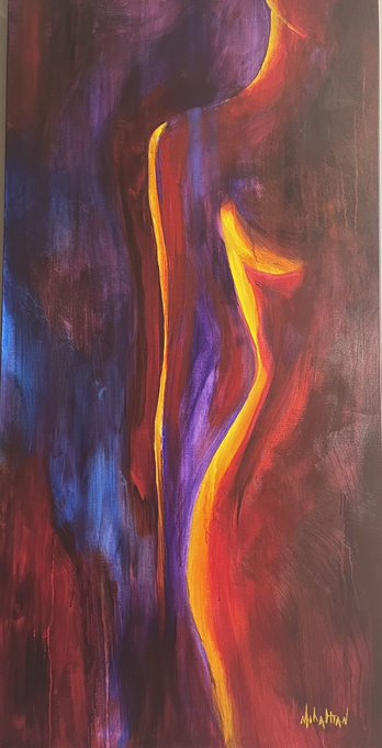 An abstract painting featuring flowing forms in deep reds, blues, purples, and golden yellow, signed by the artist.