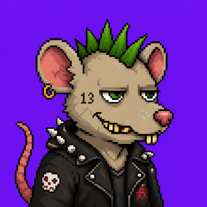 A pixel-art illustration of a punk-styled rat with a green mohawk, earring, gold teeth, and a spiked black leather jacket with skull and anarchy patches, with the number "13" tattooed near its eye.