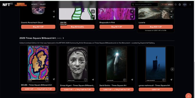 Screenshot of an NFT marketplace showing collections like 'Cosmic Rorschach Cloud', 'CM-CM', 'Rhapsodie In Pink', and 'Lucerna' with buy buttons, along with 2025 Times Square Billboard Art featuring pieces by MOUBE, Ermac Kiyoshi, David Goiru, and yones mahmoudi.