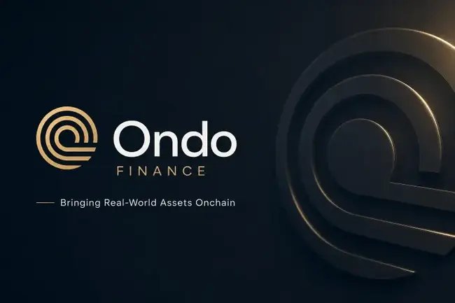The Ondo Finance logo displayed on a dark background with the tagline 'Bringing Real-World Assets Onchain'.
