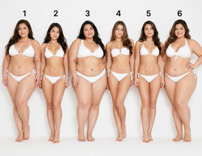 A lineup of six women in white bikinis numbered 1 through 6, showcasing different body types and sizes against a plain white background.