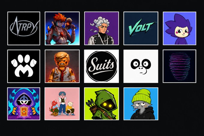 Grid of 15 profile pictures or NFT characters including logos like 'TRP' and 'VOLT', along with various illustrated characters and avatars in different art styles.