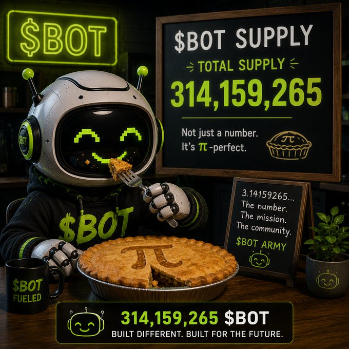 A robot mascot wearing a "$BOT" hoodie enjoys a pi-decorated pie next to a chalkboard displaying "$BOT SUPPLY - TOTAL SUPPLY 314,159,265" with the tagline "Not just a number. It's π-perfect," visually reinforcing the post's message that the token's supply is intentionally set to match the first nine digits of pi as a tribute to math and technology.