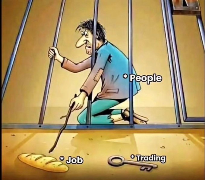 A cartoon depicts a hungry man ("People") trapped behind bars, reaching out with a stick to grab a loaf of bread ("Job") and a key ("Trading"), illustrating how people are locked out from earning through traditional jobs and must turn to trading to survive.