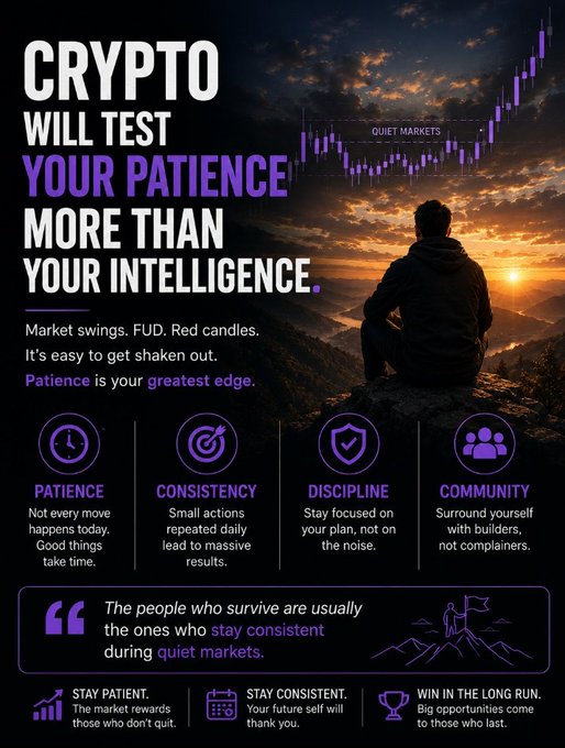 Crypto motivational poster titled 'CRYPTO WILL TEST YOUR PATIENCE MORE THAN YOUR INTELLIGENCE,' showing a person silhouetted against a sunset with a candlestick chart, emphasizing patience, consistency, discipline, and community.