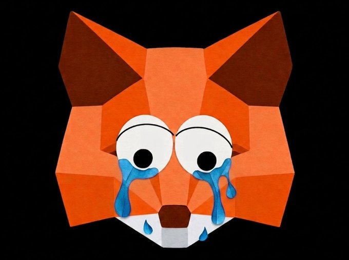 A low-poly paper-crafted orange fox with large, cartoonish crying eyes and blue tears streaming down its face, set against a black background. The image humorously illustrates the caption's joke from MetaMask's perspective, depicting the fox mascot as a "crying baby" feeling wronged by Rabby wallet's smoother UI and 0% swap fees.