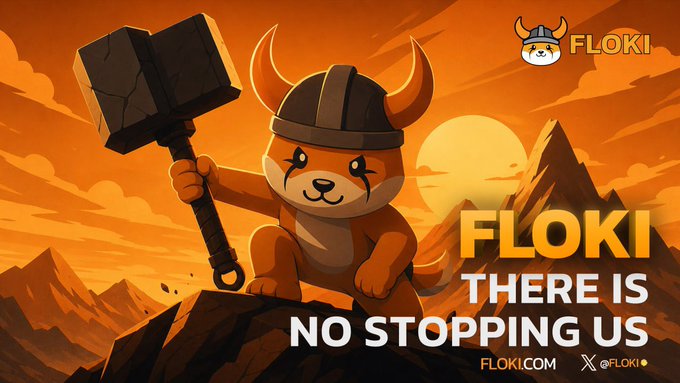 The image features a cartoon character, likely a dog or a fox, holding a hammer and standing atop a mountain with a sunset behind them. The caption below the image reads "FLOKI reminds me of the old sony arson TV ad from years ago". This suggests that the image is related to an advertisement for Flokki, which could be a cryptocurrency or a digital currency platform.