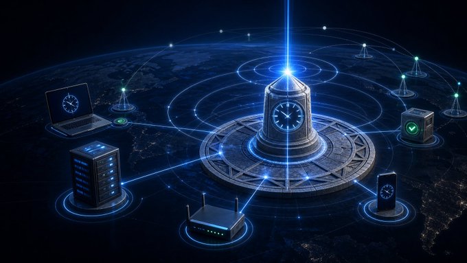 A digital illustration showing a central glowing clock tower connected by lines to various network devices including a laptop, server, smartphone, and security box, set against a dark globe background.