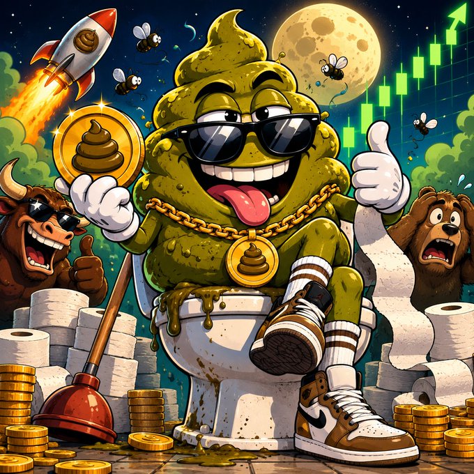 A cartoon illustration of a green poop emoji character wearing sunglasses, a gold chain with a poop coin, and sneakers, sitting on a toilet surrounded by gold coins, toilet paper, a bull, a bear, a rocket, and rising green stock charts.
