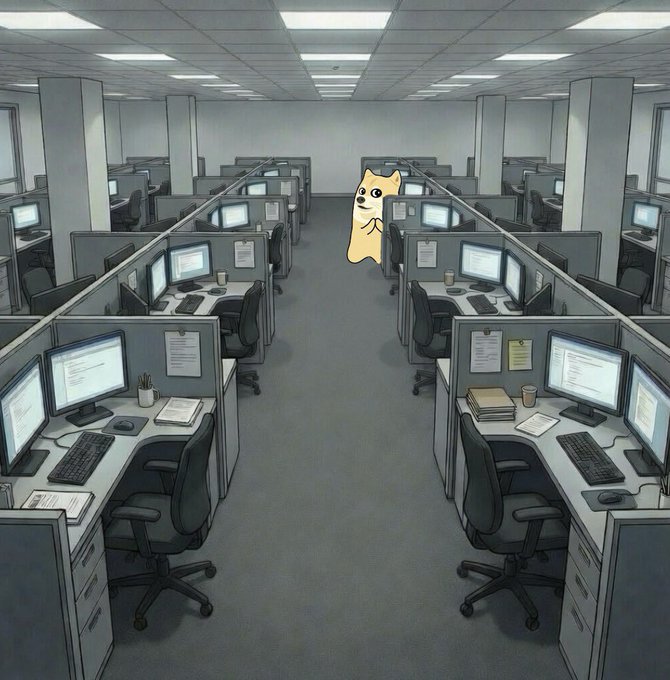 A small cartoon dog stands alone in the middle of a large, empty cubicle office with rows of identical desks and computer monitors stretching into the distance, humorously illustrating the post's "don't work too hard" sentiment. The scene pairs with the casual Monday greeting and the $SHIBU / @ShibuCoinSolana promotion to suggest taking it easy rather than grinding through a busy workday.