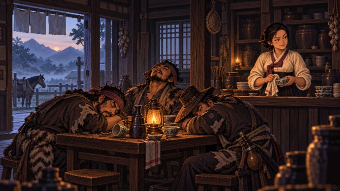 An anime/illustrated scene depicting three rugged men asleep at a wooden table in a rustic tavern while a woman in traditional dress stands in the background holding a cup, with an oil lamp providing warm lighting.