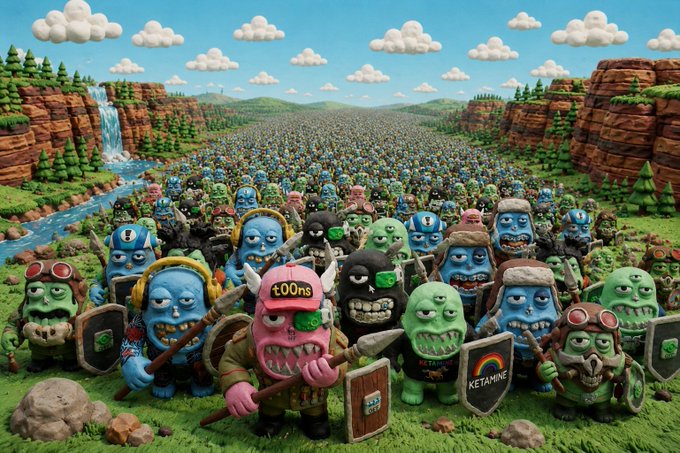 A surreal 3D-rendered illustration of a massive army of cartoonish, monstrous creatures (resembling Clash Royale characters) with troll-like faces, some holding shields labeled 'KETAMINE' or 'TRUMP', led by a pink character labeled '±00ns'.