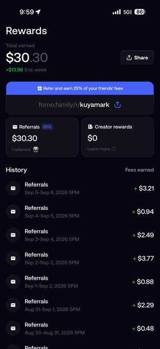 Mobile app screenshot showing a 'Rewards' page with total earned $30.30 (+$13.96 this week) on forma.family/r/kuyamark, displaying a history of referral earnings ranging from $0.48 to $3.77 from late August to early September 2026.
