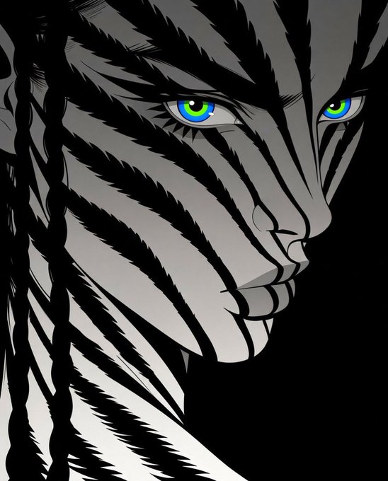A stylized black-and-white illustration features the close-up face of a fierce feline-like figure with striking blue and green eyes, set against a stark black background.

The image's powerful, determined gaze complements the post's motivational message of resilience and starting fresh, with the piercing eyes symbolizing focus and readiness to try again.