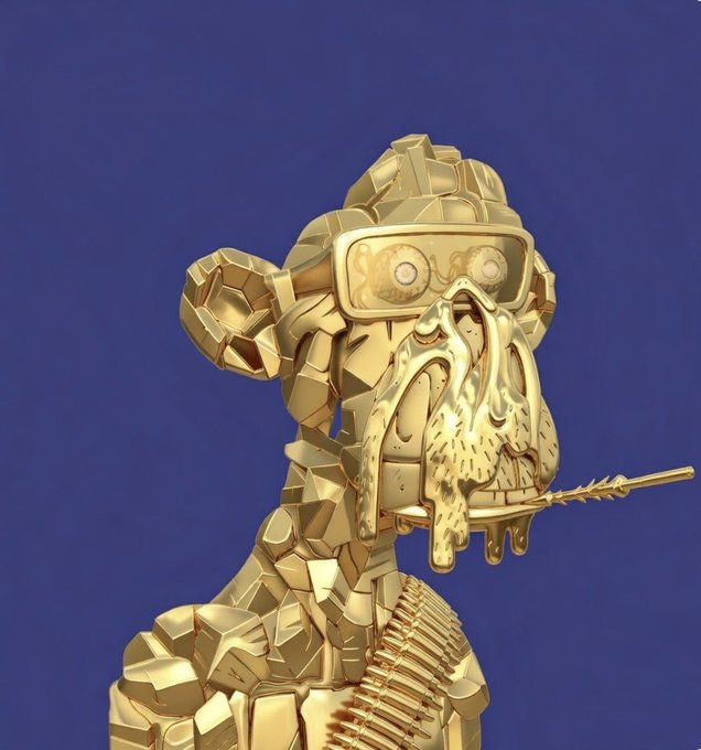 A stylized golden monkey sculpture wearing ski goggles and a bandana, with a toothpick in its mouth, is displayed against a blue background—aligning with the playful "Gm" (good morning) greeting commonly used in crypto communities to hype up fellow traders.