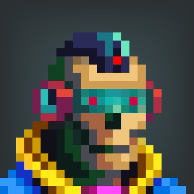 A pixel art portrait of a person wearing futuristic VR goggles with a glowing red lens, set against a dark gray background.