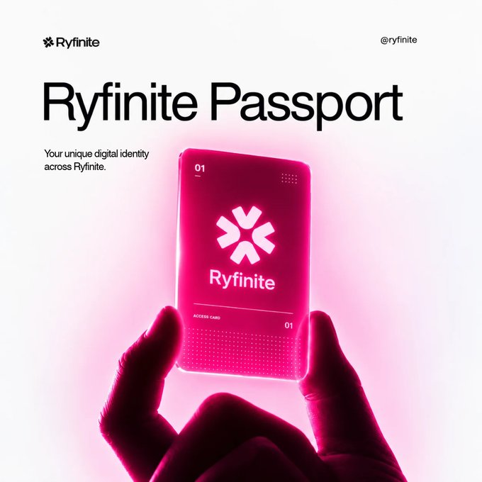 The image showcases a hand holding a glowing pink "Ryfinite Passport" card labeled "ACCESS CARD 01," promoting it as a unique digital identity tool. The accompanying post reveals this card represents Ryfinite's new identity layer, set to launch soon across their ecosystem.