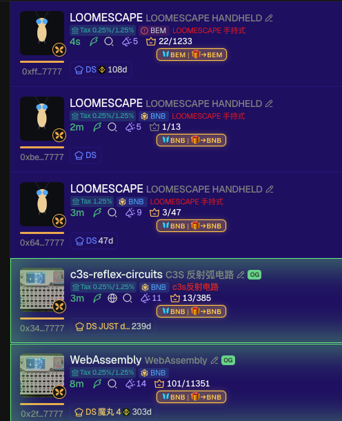 The image shows a list of cryptocurrency tokens, including LOOMESCAPE (LOOMESCAPE HANDHELD) with 22/1233, 1/13, and 3/47 holders, and c3s-reflex-circuits with 13/385 holders, alongside WebAssembly (WebAssembly) with 101/11351 holders, all marked with BNB trading pairs.

The image humorously contrasts the post's outrage with the mundane reality of checking token holder stats on what appears to be a BSC token tracker, implying the post is a comedic overreaction to insignificant crypto data.