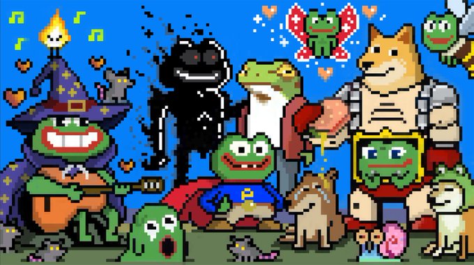 Pixel art collage featuring Pepe the Frog characters in various costumes including a wizard, superhero, and doge, alongside other meme characters like Wojak and a Shiba Inu, set against a blue sky with hearts.