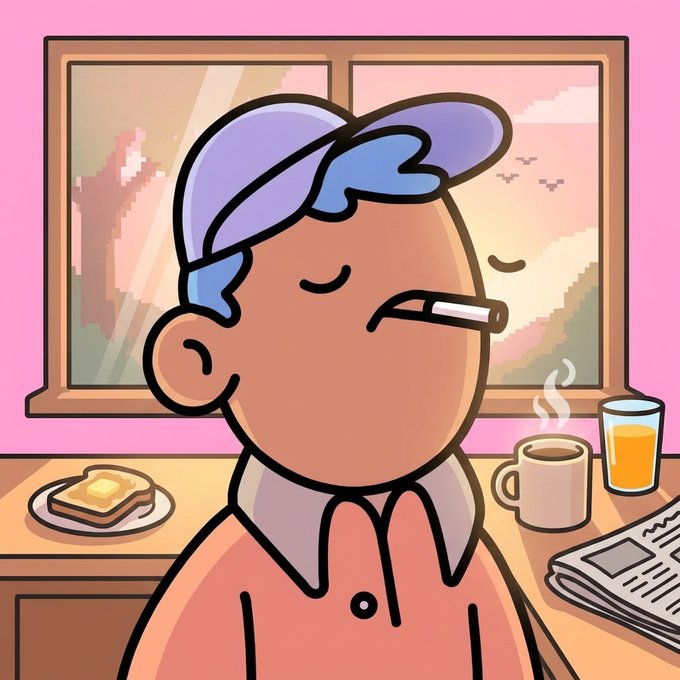 A cartoon illustration of a man wearing a blue cap and a pink shirt, with a cigarette in his mouth, sitting at a table with a cup of coffee, a glass of orange juice, toast, and a newspaper.