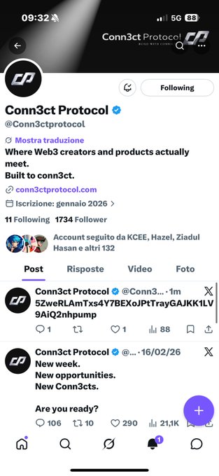 Screenshot of a Twitter/X profile page for 'Conn3ct Protocol' (@Conn3ctprotocol), a verified account focused on Web3 creators, showing 1,734 followers and recent posts.