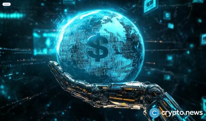 A digital illustration of a robotic hand holding a glowing blue globe with a dollar sign, watermarked with the crypto.news logo.