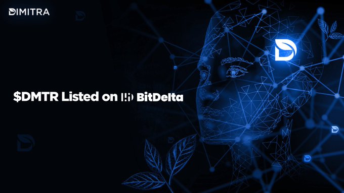 A promotional graphic for Dimitra announces '$DMTR Listed on BitDelta,' featuring a stylized blue digital face and DNA leaf graphics on a dark background.