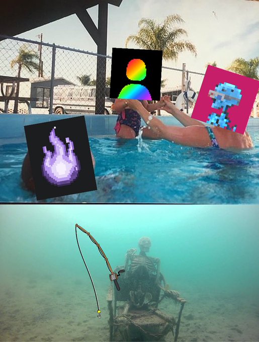 A split image showing people in a swimming pool (top) and an underwater skeleton fishing (bottom), both with pixelated NFT art overlaid—likely representing a lost or stolen NFT collection being sought after, humorously paired with the "1 ETH bounty" offer for recovery.