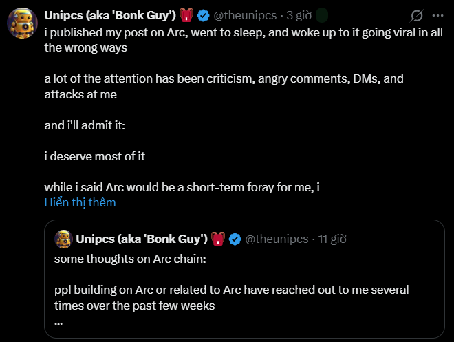 A screenshot of a tweet from @theunipcs (aka 'Bonk Guy') discussing negative reception to a post about the Arc chain, with a quoted earlier tweet visible.
