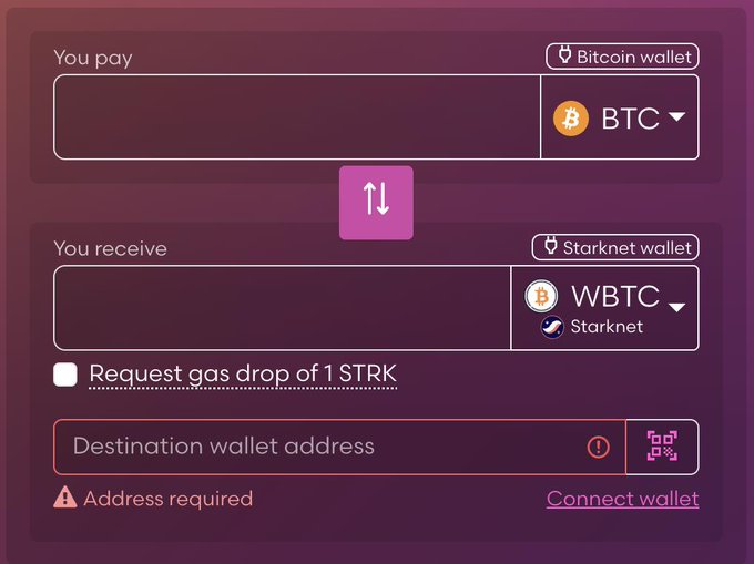 A cryptocurrency exchange interface showing a swap from BTC (Bitcoin wallet) to WBTC (Starknet wallet), with a checkbox to request a gas drop of 1 STRK and an empty destination wallet address field.