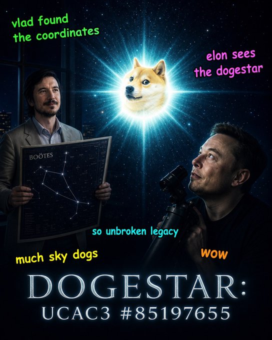 A meme-style promotional image celebrates the discovery of "DOGESTAR: UCAC3 #85197655," featuring Elon Musk looking through a telescope alongside a star map of the Boötes constellation labeled "vlad found the coordinates," while a glowing Doge-meme Shiba Inu floats in the cosmic background under the caption "elon sees the dogestar," with additional Dogecoin-inspired text reading "much sky dogs," "wow," and "so unbroken legacy," tying together the viral exchange between Musk and Vlad Tenev about the real, cataloged Dogecoin-themed star referenced in the accompanying post.
