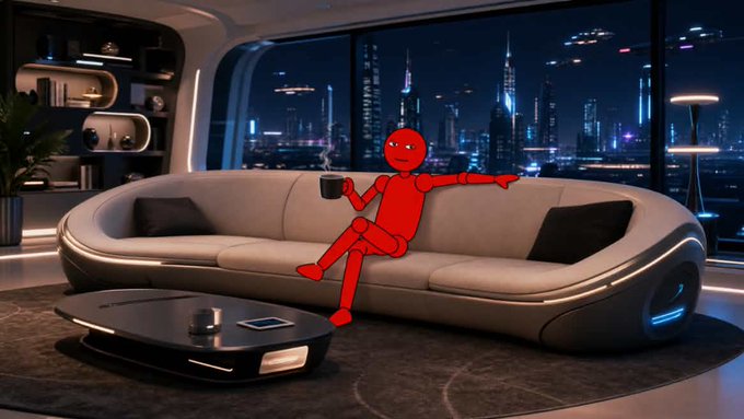A red stick figure holding a cup sits relaxed on a curved beige sofa in a futuristic room with a nighttime city skyline visible through large windows.