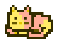 A pixel art illustration depicts a pink and yellow creature with small ears and stubby legs.
