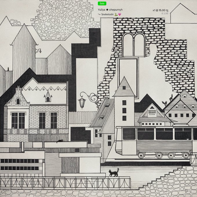 A detailed black and white line drawing depicting a whimsical townscape with houses, a tower, a tram, and a small cat, shared by user 'Yuliya chepurnyh' on Sneketoshi priced at 15.00 tS.
