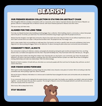 A 'BEARISH' themed NFT card featuring a cartoon bear illustration and text detailing the collection's philosophy around abstract chain collaborations, community values, and roadmap.